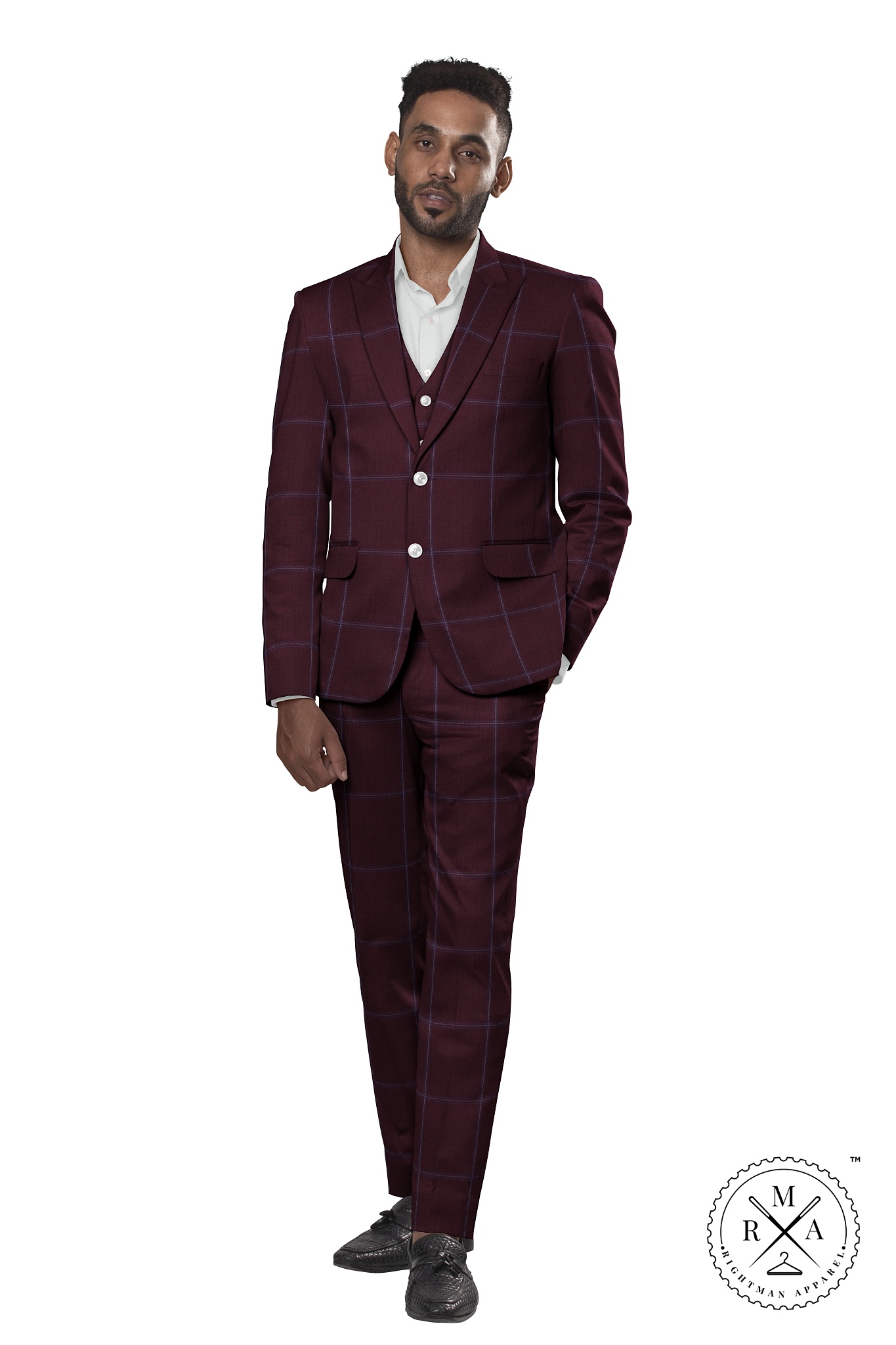 Royal Wine Three Piece Suit With Windowpane Pattern SU55